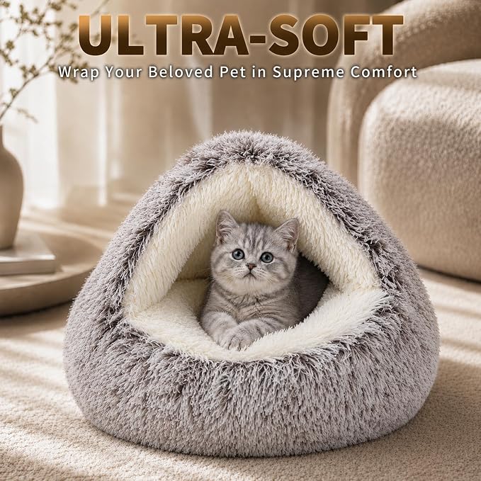 ShinHye Cozy Cat Bed - Round Plush Fluffy Hooded Cave, Indoor/Outdoor, Waterproof & Washable (20x20inch, Coffee) - Image 3