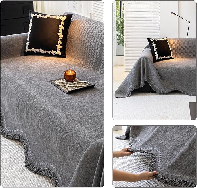 ROOMLIFE Gray Couch Cover Boho Sofa Covers for 3 Cushion Couch Washable, Furniture Protector Sofa Couch Cover for Dogs, Soft Chenille Sofa Slipcover, Couch Throw Blankets with Tassels 71 '' X 134'' - Image 4