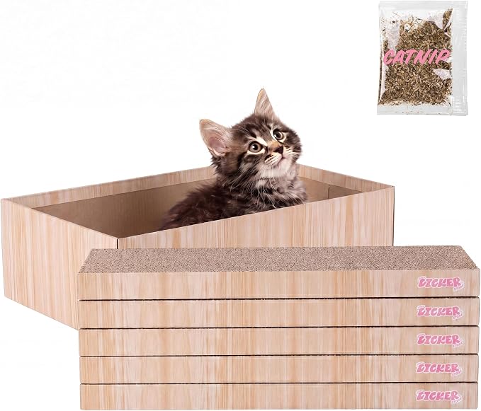 Naomi 18" x 10" Reversible Corrugated Cardboard Cat Scratcher Pads with Catnip, 5-Pack, Oak Wood Finish Modern Furniture Protector CSR1009B by THELICKERSTORE