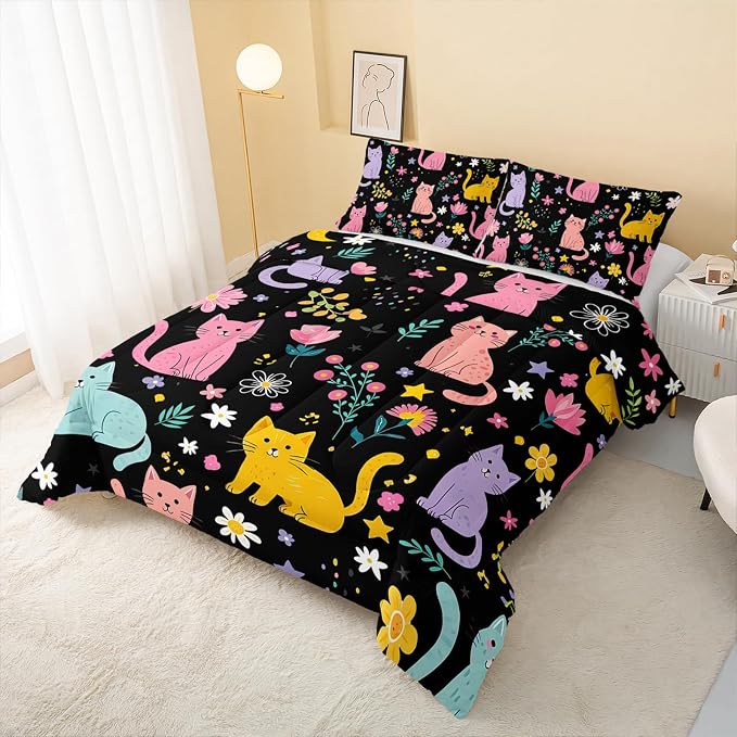 QOOMO Floral Cat Comforter Full Size,Black Cats Bedding Set for Kids Teens Girls,3Pcs Bedding Set Printed Comforter with 2 Pillowcases,Down Alternative,Soft and Lightweight(Black，Full Size) - Image 3
