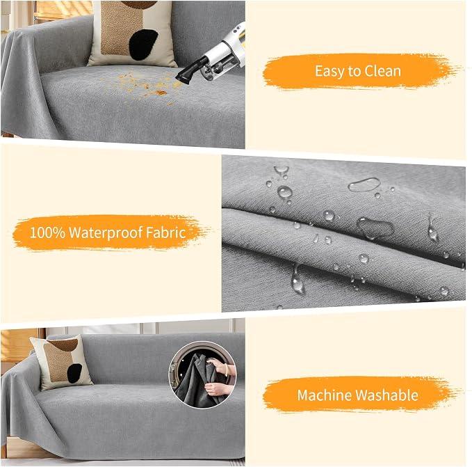 Deep Dream Cat-Scratch Resistant Couch Cover, Waterproof Sofa Cover for 3 Cushion Couch Washable, Pet Friendly Couch Protectors Anti Slip Thickened Sofa Slipcovers for Dogs Pets,71" x 150",Light Grey - Image 3