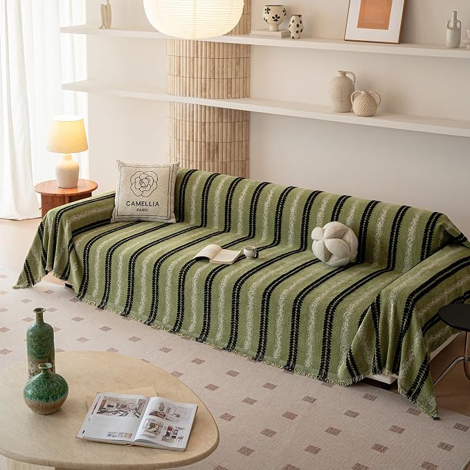 VClife Chenille Sofa Cover Bohemian Striped Pattern Couch Cover for Oversized Sofa - Sage Green Black Textured Sofa Slipcover Washable Furniture Protector for Couch Decorative Couch Cushion Cover - Image 3