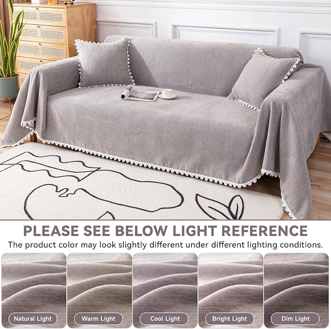 VClife Oversize Couch Cover Washable Sofa Cover for Dog Cat, Soft Chenille Couch Cover for 3-4 Cushion Couch Sofa Pet Friendly Slip Cover Furniture Protector for Home Living Room, Gray, 71"X150" - Image 3
