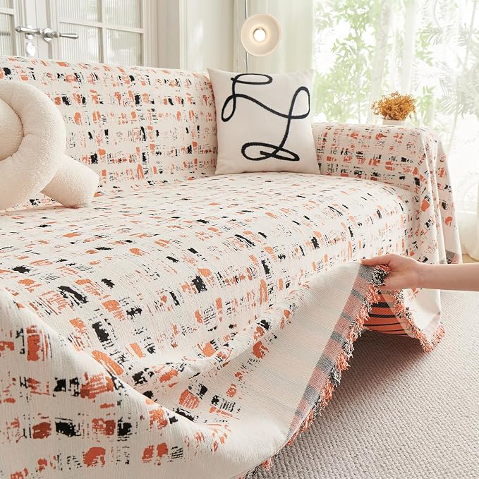 DREAMINGO Abstract Chenille Couch Cover Blanket Beige Orange Black Boho Sofa Cover, Washable Furniture Protector, Universal Slipcover for Couch, Geometric Brushstroke Jacquard, X-Large 71"x134" - Image 4