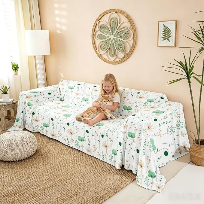 Erosebridal Watercolor Floral Couch Cover Emerald Green Beige Flower Sofa Cover 71" X 134" Modern Minimalist White Couch Protector for Sectional Sofasrustic Farmhouse Washable Non Slip Sofa Protector - Image 2