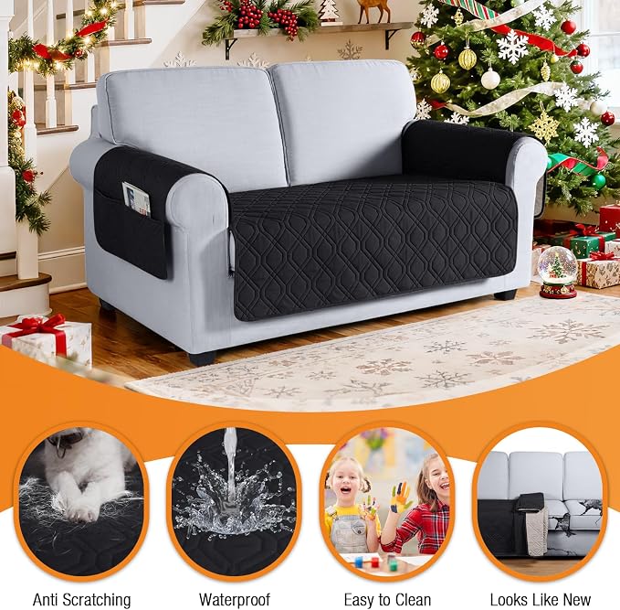 VANSOFY Waterproof Loveseat Couch Cover for Pets, Black, 54" | Non-Slip, Washable, Utility Pockets, Pet Friendly, Furniture Protector Slipcover for 2 Cushion Plus Couch - Image 4