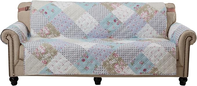 Brilliant Sunshine Blue & Green Roses Loveseat Cover, 54" seat | Non Slip Sofa Cover, Patchwork Design, Quilted Furniture Protector, Large Washable Love Seat Slipcover for Pets, Dogs & Cats - Image 2