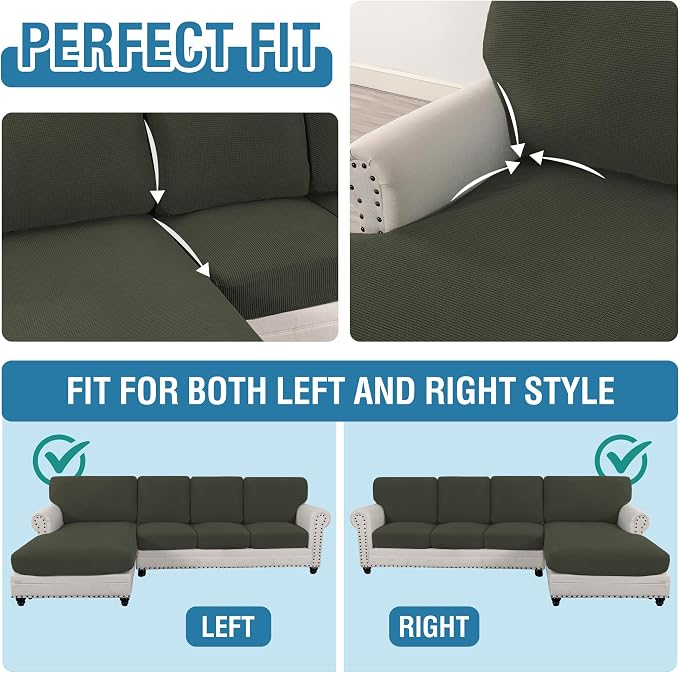 H.VERSAILTEX Sectional Couch Covers 4 Pieces Sofa Seat Cushion Covers L Shape Separate Cushion Couch Chaise Cover for Both Left/Right Sectional Couch (Seat Only: 1 Chaise + 3 Sofa, Olive) - Image 5