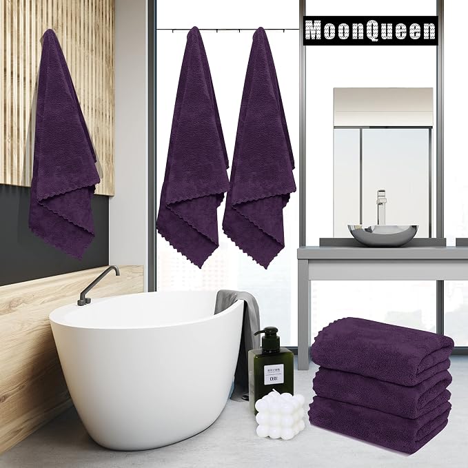 MOONQUEEN 6 Pack Premium Bath Towel Set - Quick Drying - Microfiber Coral Velvet Highly Absorbent Towels - Multipurpose Use as Bath Fitness, Bathroom, Shower, Sports, Yoga Towel (Grape Purple) - Image 2
