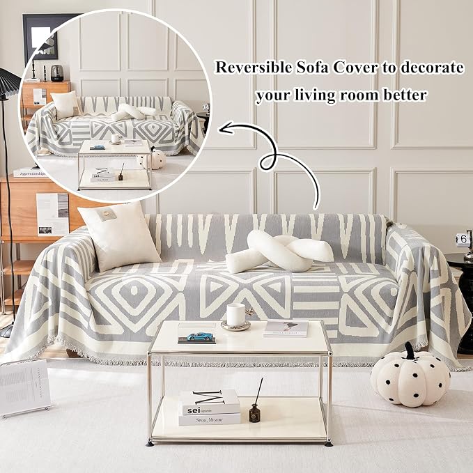 91" x118" Soft Chenille Couch Cover with Grey Geometric Pattern for 1-2 Cushion Couch Reversible 1 Piece Sofa Cover Furniture Protector with Tassels for Dogs Cats Scratching Washable - Image 3