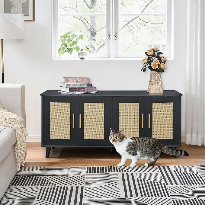 Homhedy Boho Cat Litter Box Enclosure for 2 Cats, Black and Natural | Hidden Litter Box Furniture with Double Rattan Decorated Doors, Cat Washroom, Cat House, Dog-Proof, TV Stand - Image 2