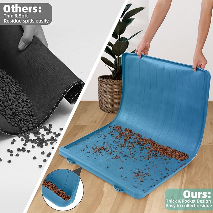 Dog mat for Food and Water - 39.4" x 27" Thickened Large Dog Food Mat | Waterproof Pet Bowl Mat with Residue Collection Pocket and High Edges to Prevent Water and Food Spills - Navy - Image 4