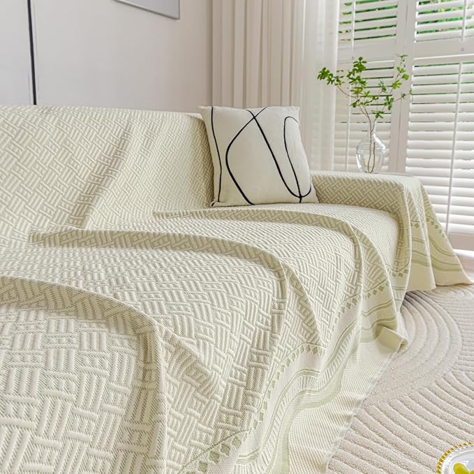 STACYPIK Cooling Ice Silk Sofa Cover for Pets, Geometric Jacquard Couch Cover for 2 Cushion Couch Washable, Boho Summer Loveseat Protector for Sectional, Versatile Throw Blanket, Light Green-71X118IN - Image 9