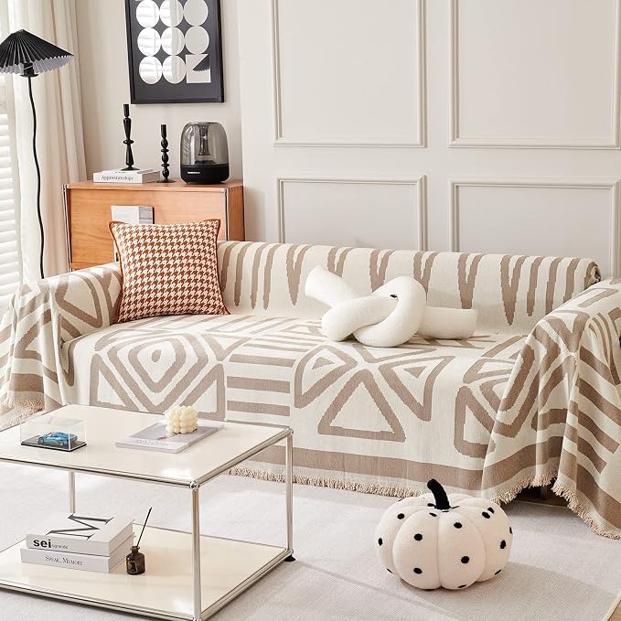VClife Boho Couch Cover Non Slip Sofa Slipcover for Dog, Washable Throw Covers for Couches, Washable Furniture Cover for Pet 3-Seaters Couch Covers with Tassel, Beige-White, 71"X134" - Image 2