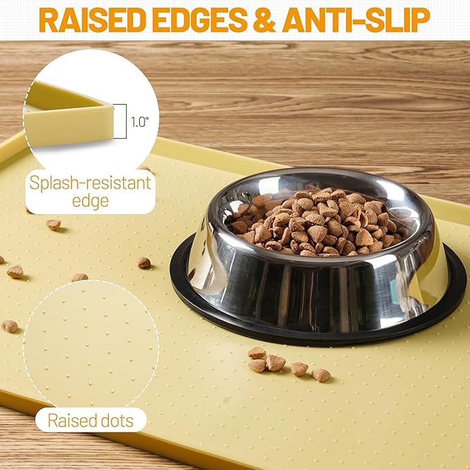 Hubulk Dog Feeding Mat,100% Waterproof Food Grade Silicone Pet Food and Water Bowl Placemat,Dishwasher, High Raised Edge to Prevent Spills,Nonslip Tray to Stop Messes on Floor (32"x24"x1.0", Yellow) - Image 3