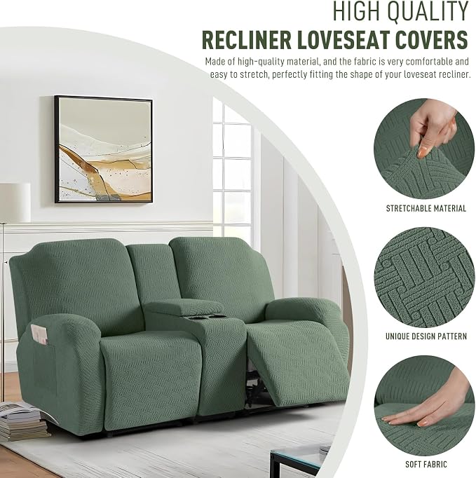 KinCam Loveseat Recliner Covers with Middle Console Slipcover, Greyish Green - Image 5