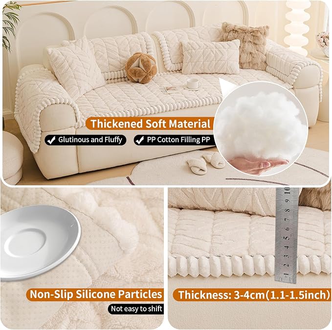 STACYPIK Fuzzy Thick Pet Couch Cover for Dogs Washable, Non Slip Beige Sofa Covers for 3 Cushion Washable Pet Friendly, Soft Plush Bed Mat Blanket for Couches Pets-Friendly Protector-35.4X82.7IN - Image 2
