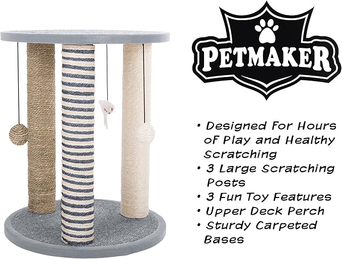 Cat Scratching Post - 3 Scratcher Posts with Carpeted Scratch Pad Base and Perch - Furniture Scratching Deterrent for Indoor Cats by PETMAKER (Gray) - Image 2