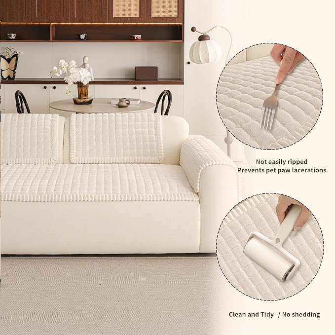 Couch Covers for Sofa Washable, Non Slip Couch Covers for Dogs, Soft Plush Pet Friendly Dog Couch Cover, Plaid Couch Protector for Dogs, Pet Couch Cover for Single Seat(Beige White,28"×28",1PC) - Image 6