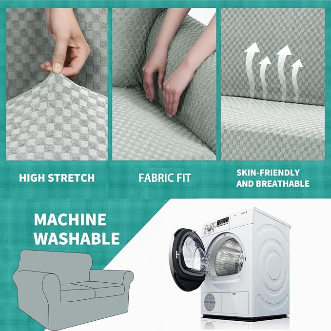 YEMYHOM Latest Checkered 3 Pieces Couch Covers for 2 Cushion Couch High Stretch Thickened Love Seat Sofa Cover for Dogs Pets Anti Slip Elastic Loveseat Slipcover Protector (Ivory), 55"-69"(2 CUSHIONS) - Image 5