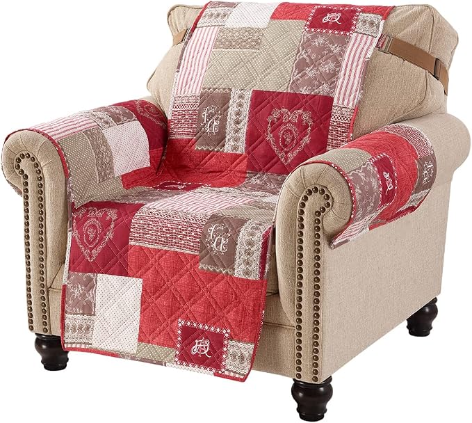 Brilliant Sunshine Burgundy Heart Love Couch Armchair Cover, 23" seat | Patchwork Design, Non Slip Sofa Cover, Quilted Furniture Protector, Washable Chair Slipcover for Pets, Dogs, Dogs & Cats - Image 3