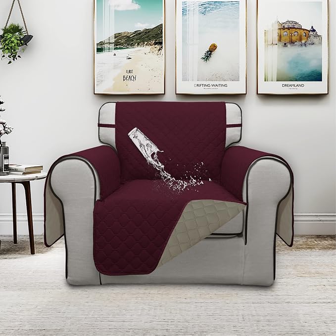 ISSUNTEX Double Protection 100% Waterproof Chair Sofa Covers for Living Room, Couch Covers for Chair Sofa, Reversible Furniture Protector Sofa Cover for Dogs, Pets, Kids (Chair, Wine/Beige) - Image 2