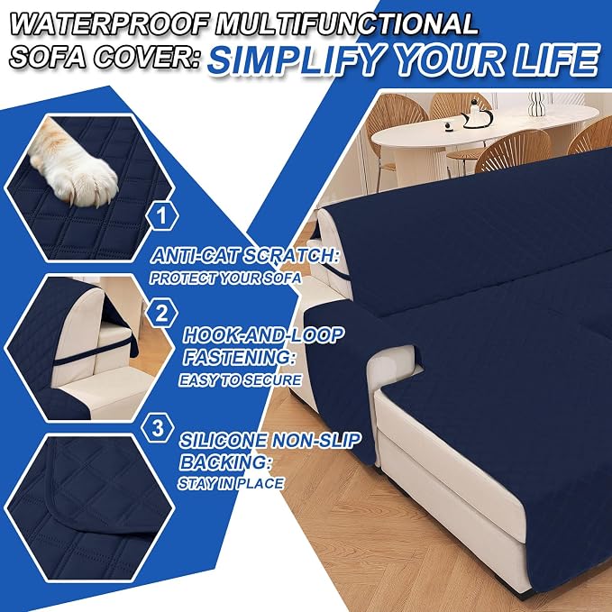 Waterproof Sectional Couch Covers for Dogs, Reversible L Shaped Couch Cover, Sectional Couch Covers L Shape for Pets Dog Cat, Quilted Sofa Covers Washable Sectional (Large, Navy Blue) - Image 6