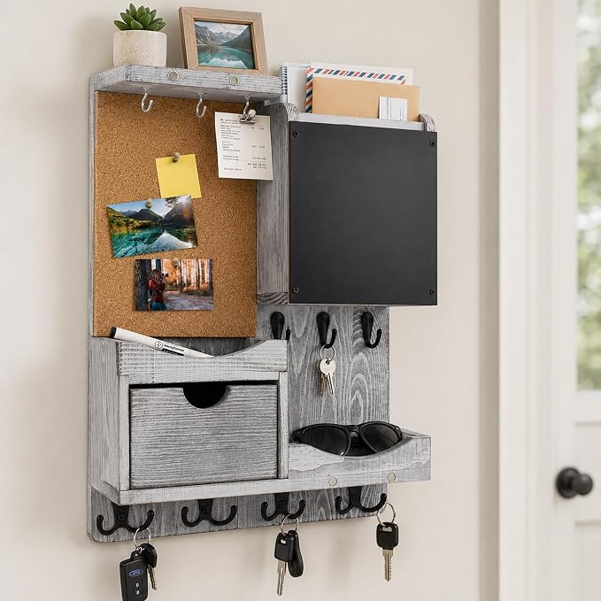 Key Holder Wall Mount， Mail Organizer Key Holder for Wall with Shelf, Drawer, Chalkboard, Corkboard, Home Decor Wall Mounted for Room Entryway(Grey) by HEKOOLA