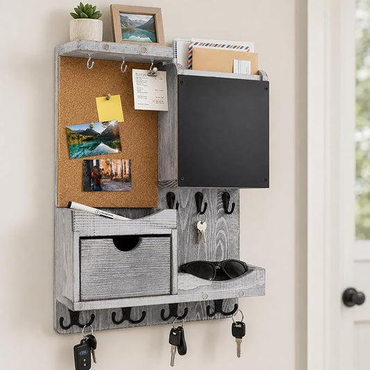 Key Holder Wall Mount， Mail Organizer Key Holder for Wall with Shelf, Drawer, Chalkboard, Corkboard, Home Decor Wall Mounted for Room Entryway(Grey) by HEKOOLA
