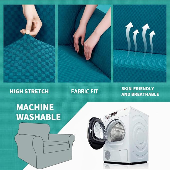 YEMYHOM Latest Checkered 2 Pieces Chair Covers for Living Room High Stretch Thickened Chair Slipcovers with Arms Anti Slip Elastic Armchair Sofa Couch Slipcover Protector (Teal), 31"-46"(1 Cushion) - Image 5