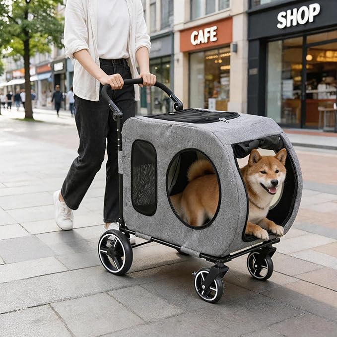 Large Dog Stroller for Medium Dogs，Pet Stroller for 2 Small Dogs, Foldable Jogger Wagon with Detachable Carrier for Car Seat, Adjustable Handle, Up to 90 lbs, Gray