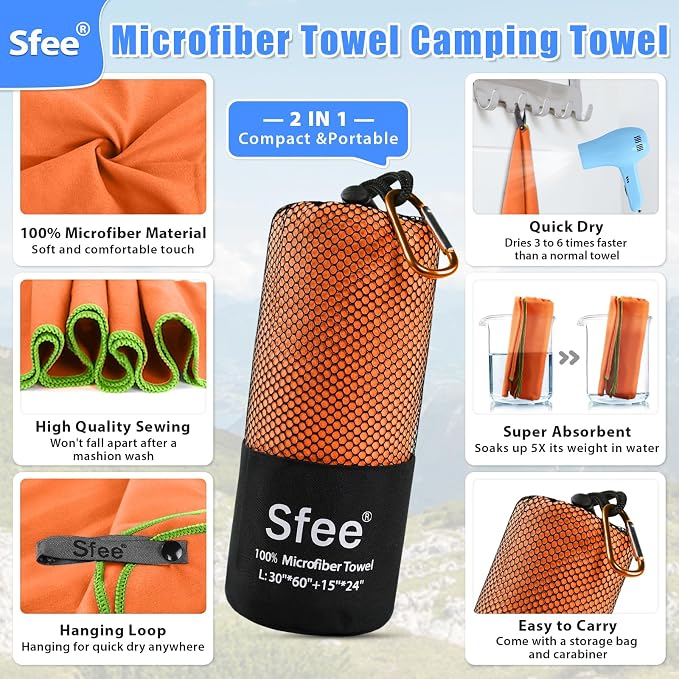Sfee 2 Pack Microfiber Travel Towel, Quick Dry Camping Towel Large Beach Towel Super Absorbent Compact Lightweight Sports Gym Towels for Beach, Gym, Hiking, Pool, Backpacking, Bath, Yoga - Image 2