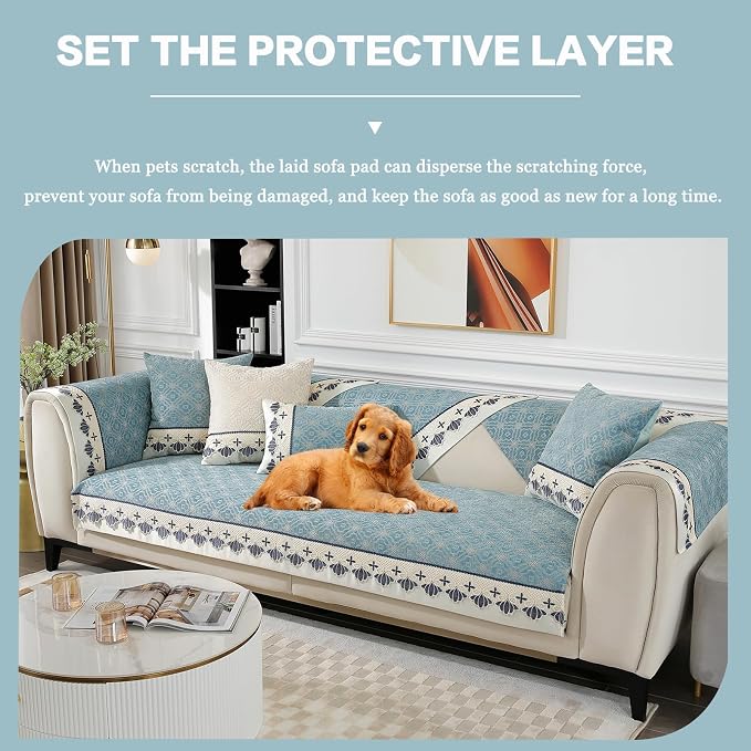 DREAMINGO Sofa Seat Cover, Washable Chenille Sofa Protector for Pets Kids, European Embroidery Jacquard 3 Cushion Couch Slipcover, Versatile Living Room Furniture Cover 35.4"x82.7", Teal Blue - Image 6