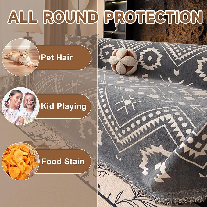 VClife Bohemian Tribal Sofa Cover Gray White Aztec Geometric Pattern Couch Cover for 3-4 Cushion Couch Sofa - Non Slip Sectional Slipcover Decorative Furniture Protector for Home Decor 71" X 150" - Image 5