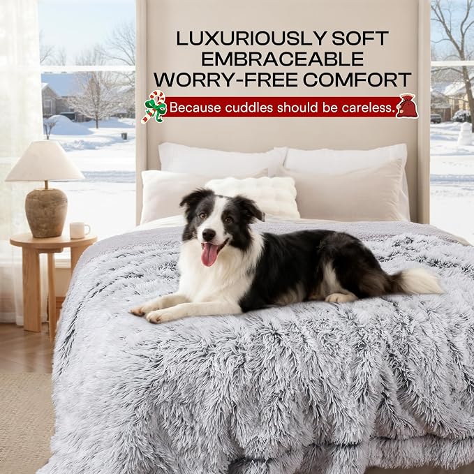 Luciphia Large Waterproof Dog Blanket for Pet Washable Liquid Proof Bed Intimacy Protection Shaggy Plush Calming Long Faux Fur Couch Cover Calming Cat Throw Blankets, Mist Grey, 60" x 80" - Image 4