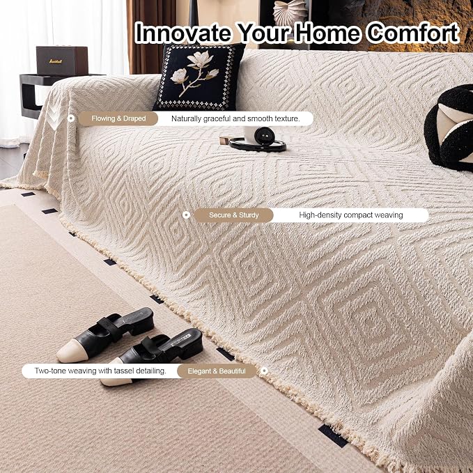 ROOMLIFE Couch Cover 3 Cushion Sofa, Washable Non Slip Furniture Sofa Protector Cover, Soft Chenille Sofa Slipcovers Sectional L Shape Dogs Couch Cover Throw Blanket with Tassels 71''X118'' - Image 3