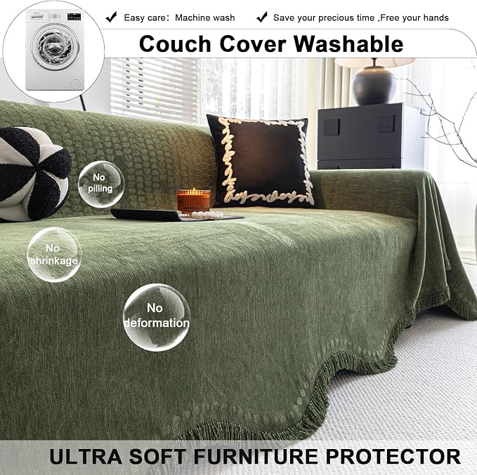 ROOMLIFE Green Couch Cover Sofa Covers, Chenille Couches Covers for 3 Cushion Sofas, Non Slip Soft Breathable Sofa Slipcovers for Pet, Washable Furniture Protector with Tassel,71''X134” - Image 7