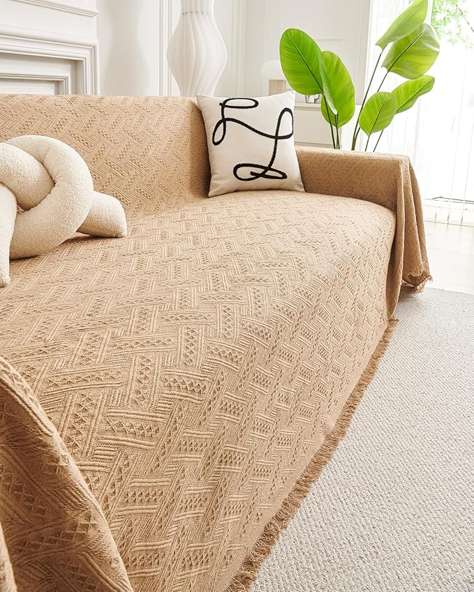 AIVIA Couch Cover Sheet Blanket, Slipcover for 3-4 Cushion High Backed Backrest Sofa, Extra Large Furniture Decor L Shape U-Shaped Sectional Protector for Cats Dogs Pets (Khaki, 91” x 134”) - Image 5
