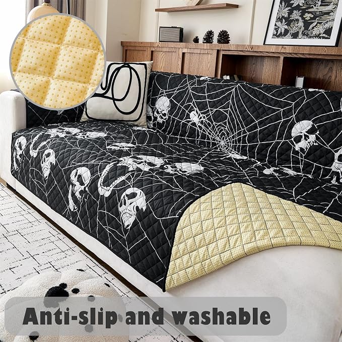 Cmfshape Halloween Sofa Slipcover-Black with Spider,Skull,Pet Friendly Couch Covers for 3 Cushion Sofa,Washable Sofa Protector for Holiday,Anti-Slip with Elastic Band - Image 7