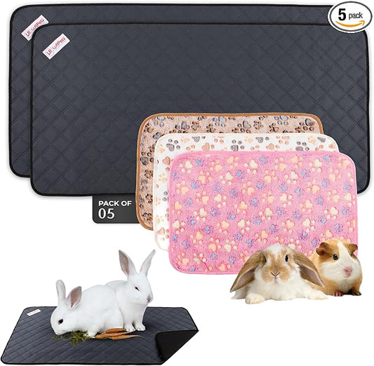 LUFTPETS Guinea Pig Cage Liners 5 Pcs, Washable Midwest Pads & Fleece Mats | 2 Absorbent Bunny Pee Pads, 47x24 + 3 Soft Blankets. Quilted Top Releases Hay. Waterproof, Non-Slip Rabbit Bedding by LuftPets