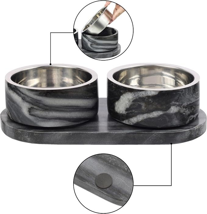 DBL1000D Marbre Small/Medium Modern Weighted Double Marble and Stainless Steel Bowl 12oz (1.5 Cups) Feeder with Non-Slip Marble Tray Set, Black/White - Image 3