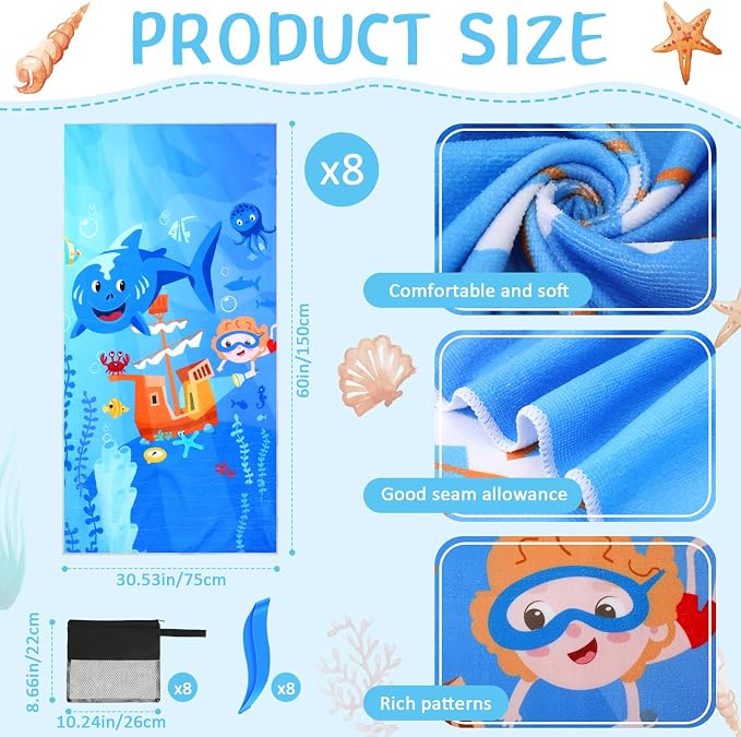 Tingjoo 24 Pcs Kids Microfiber Beach Towel Set 8 Beach Towels Bulk with 8 Storage Bags 8 Beach Ties 30" x 60" Unicorn Mermaid Dolphin Flamingo Quick Dry Towel for Pool Swim Bath Picnic Camping (Boys) - Image 2