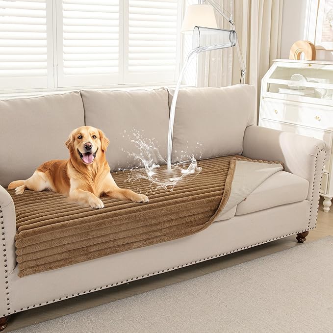Deep Dream Waterproof Couch Cover for Dogs, Non Slip Pet Couch Covers for Sofa, Soft Faux Fur Sofa Cover, Washable Furniture Protector for 3 Cushion Couch (Khaki, 35" x 74") by DeepDream