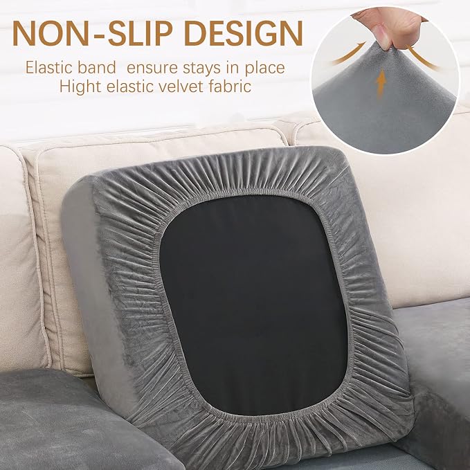 hyha Velvet Couch Cushion Covers, Sofa Covers for Cushion Couch Washable | Soft Plush Sofa Slipcover, Elastic Bottom, Non-Slip Wear Resistant Furniture Protector, Ideal For Pets & Kids, Chaise - Image 2