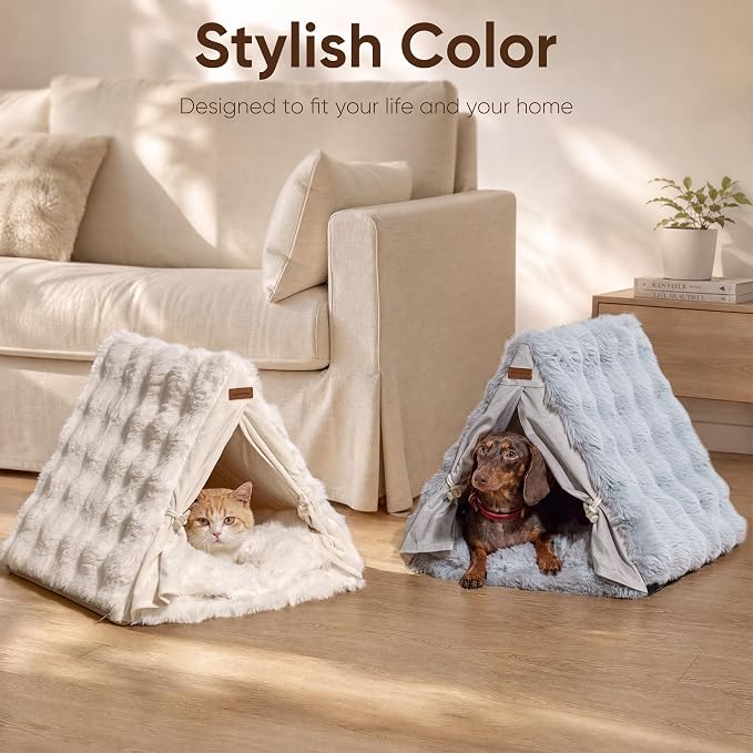 FUKUMARU Cat Cave Bed, Sturdy Frame Washable Cat Tent Bed with Curtain | Semi-Enclosed Cat Hideaway for Anxious Cats, Large Cozy Cat House for Indoor Cats, Soft Plush Covered Dog Bed, Cream - Image 8