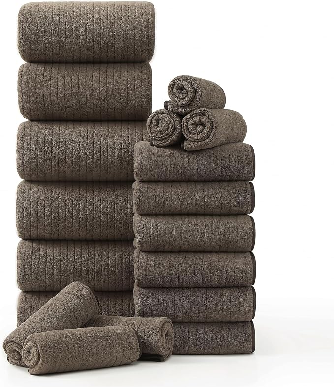 18 Piece Family Bath Towel Set Include 6 Bath Towels,6 Hand Towels and 6 Washcloths Soft Bathroom Towel with Hanging Loops,Highly Absorbent Quick Dry Towels Set for Bathroom,Hotel and Spa-Brown by Hailea