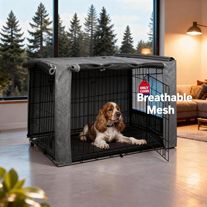 HiCaptain Breathable Dog Crate Cover 42 Inch, Durable Heavy Duty Kennel Cover, Dual Zippered Panels, Windproof Waterproof UV-Resistant(Grey) - Image 2