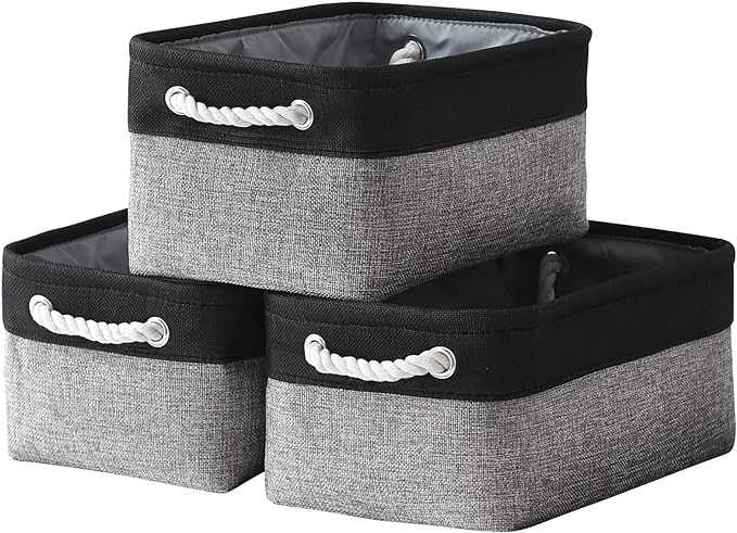 TheWarmHome Storage Basket for Organizing - 14x10x7 inch Medium 3 Pack Collapsible Storage Bin for Shelves with Rope, Fabric Storage Cubes for Organizer Cloth Gift Toy Closet (Black & Grey) by TheWarmHome