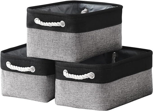 TheWarmHome Storage Basket for Organizing - 14x10x7 inch Medium 3 Pack Collapsible Storage Bin for Shelves with Rope, Fabric Storage Cubes for Organizer Cloth Gift Toy Closet (Black & Grey) by TheWarmHome