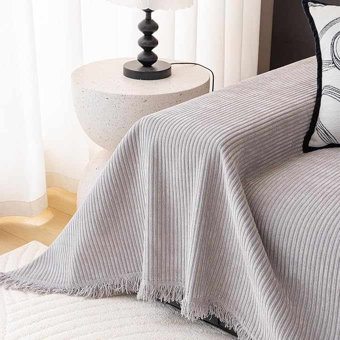 DREAMINGO Modern Minimalist Sofa Covers Washable Pet Furniture Protector Couch Cover for Dogs Cozy Chenille Couch Cover Blanket Stripe Textured Sectional Couch Slipcovers (XX-Large, Light Grey) - Image 5